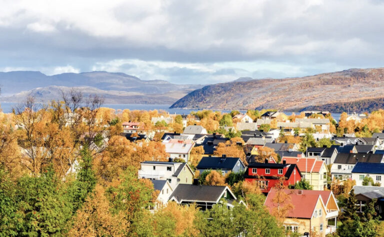 Blick auf Dächer von Kirkenes mit Fjord im Hintergrund