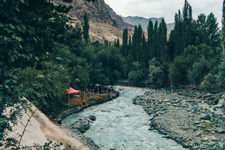 Fluss mit Bäumen in Shigar, Pakistan