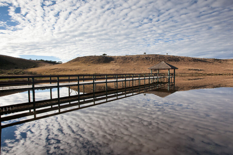 Steg über Wasser, auf dem sich die Wolken spiegeln