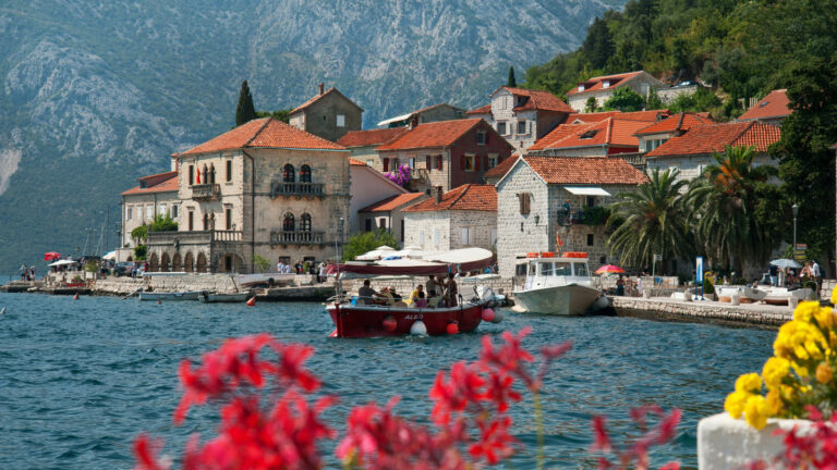 Blick auf Perast in Montenegro, bunte Blumen im Vordergrund