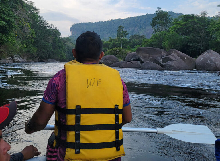 Mann mit Schwimmweste und Paddel auf Fluss