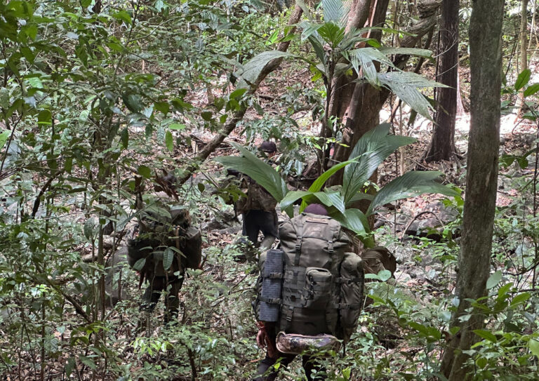 Survival Gruppe läuft gut getarnt durch den Dschungel