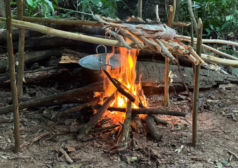 Kochstelle im Dschungel mit Fischen zum Garen