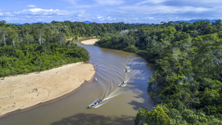 Boote auf Fluss im Dschungel