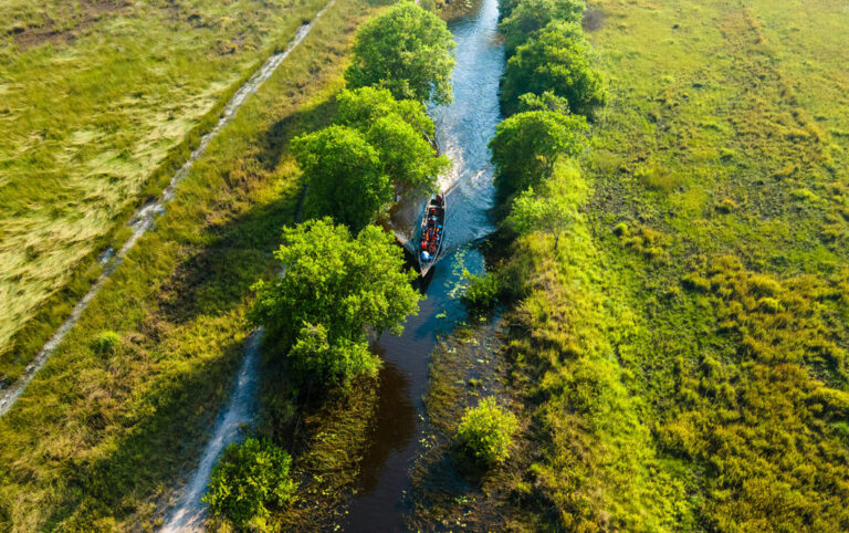 Boot auf Fluss in grüner Landschaft aus der Vogelperspektive