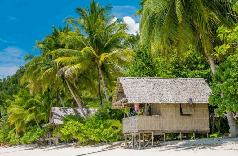 Strandhütte unter Palmen auf einer tropischen Insel in Raja Ampat, Indonesien – authentische Unterkunft für den Raja Ampat Urlaub